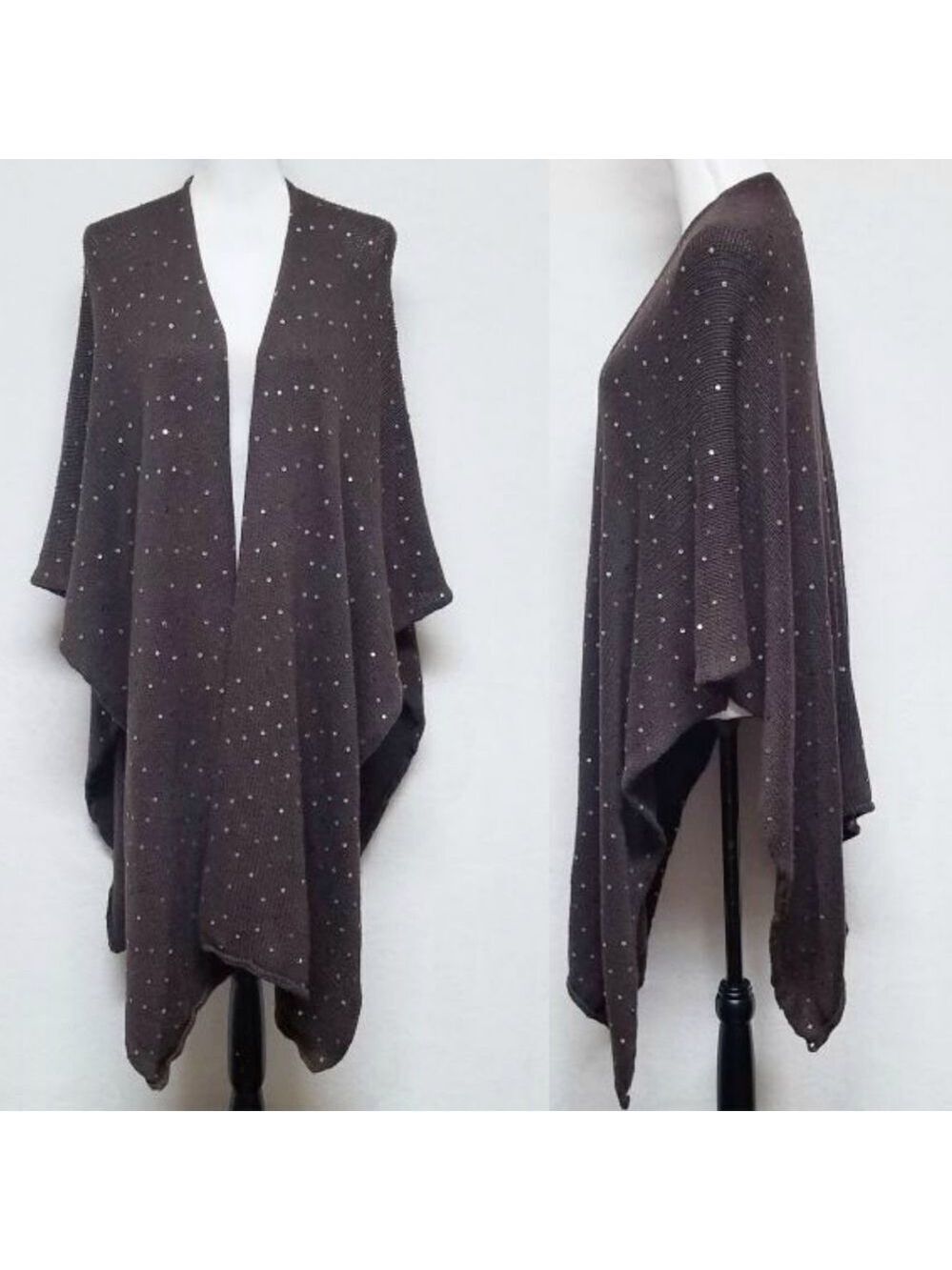 VINTAGE 80s Chico's Brown Sequin Long Poncho Shawl